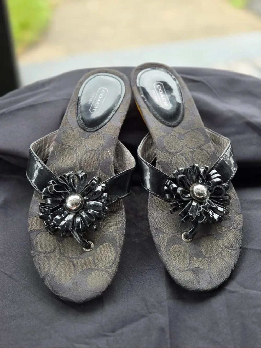 Coach Black Floral Applique Slip-On Sandals